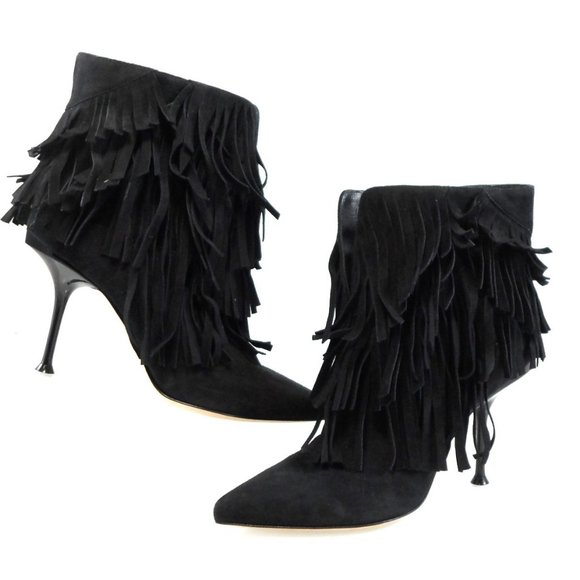 NIB$1265 SERGIO ROSSI Fringed Ankle Suede Booties Pointed Toe Stiletto Heels 37 - Picture 15 of 16